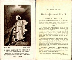Carte mortuaire néerlandaise de Théodoor Florimond Deman, mort à Westende le 13 janvier 1946