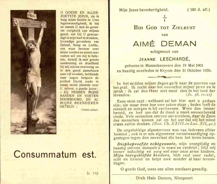Carte mortuaire néerlandaise d’Aimé Deman