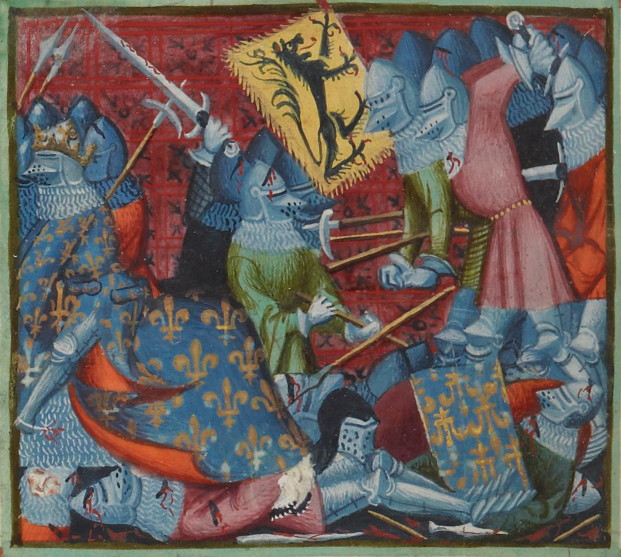 Miniature montrant la retraite de chevaliers français devant les fantassins flamands